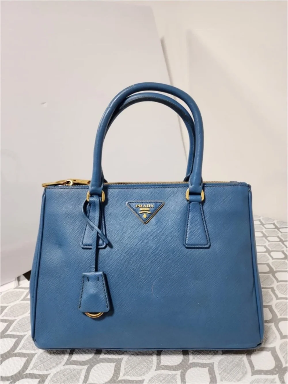 Authentic PRADA Saffiano Lux Small Double Zip Tote Blue